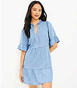 Petite Chambray Ruffle Tie Neck Tiered Swing Dress carousel Product Image 1