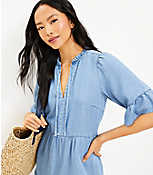 Petite Chambray Ruffle Tie Neck Tiered Swing Dress carousel Product Image 2