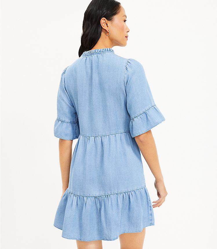 Petite Chambray Ruffle Tie Neck Tiered Swing Dress image number 2