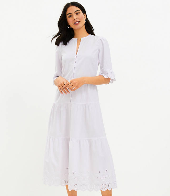 Petite Striped Eyelet Cuff Tiered Midi Dress