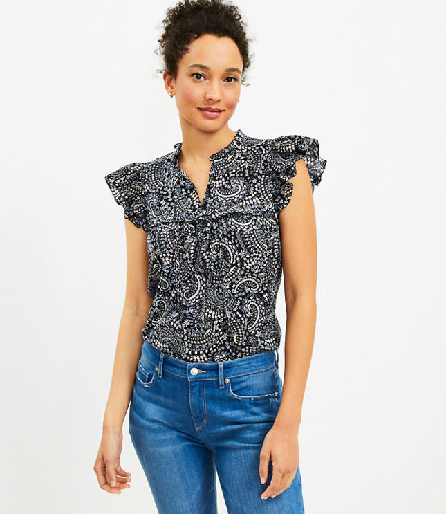 Petite Paisley Ruffle Yoke Tie Neck Top