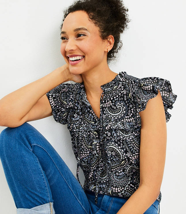Petite Paisley Ruffle Yoke Tie Neck Top