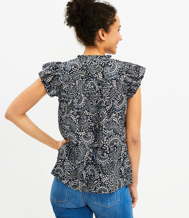Petite Paisley Ruffle Yoke Tie Neck Top