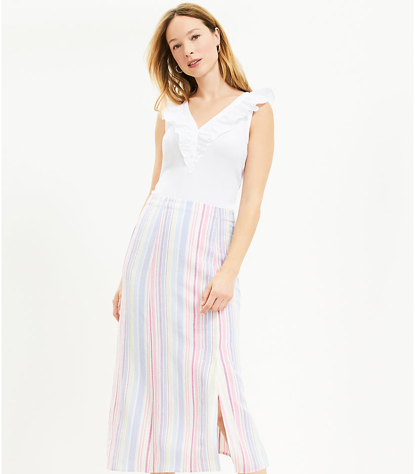 Petite Striped Side Slit Midi Skirt