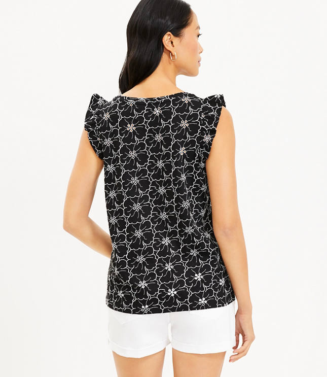 Petite Floral Embroidered Ruffle Sleeve Top