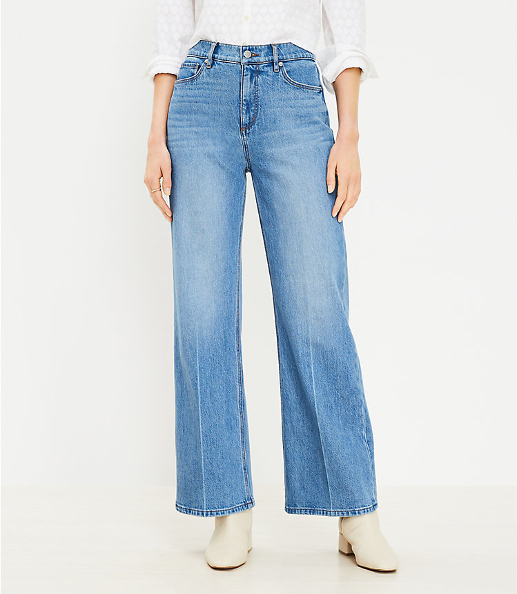 Short High Rise Wide Leg Jeans in Authentic Mid Indigo Wash image number 0