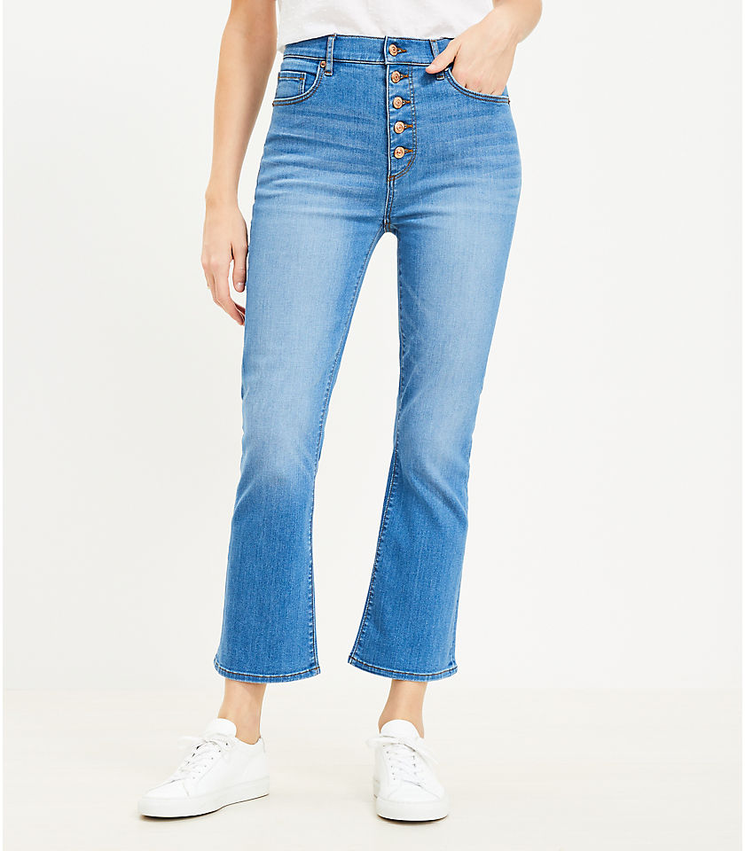 Button Front High Rise Kick Crop Jeans in Bright Mid Indigo Wash