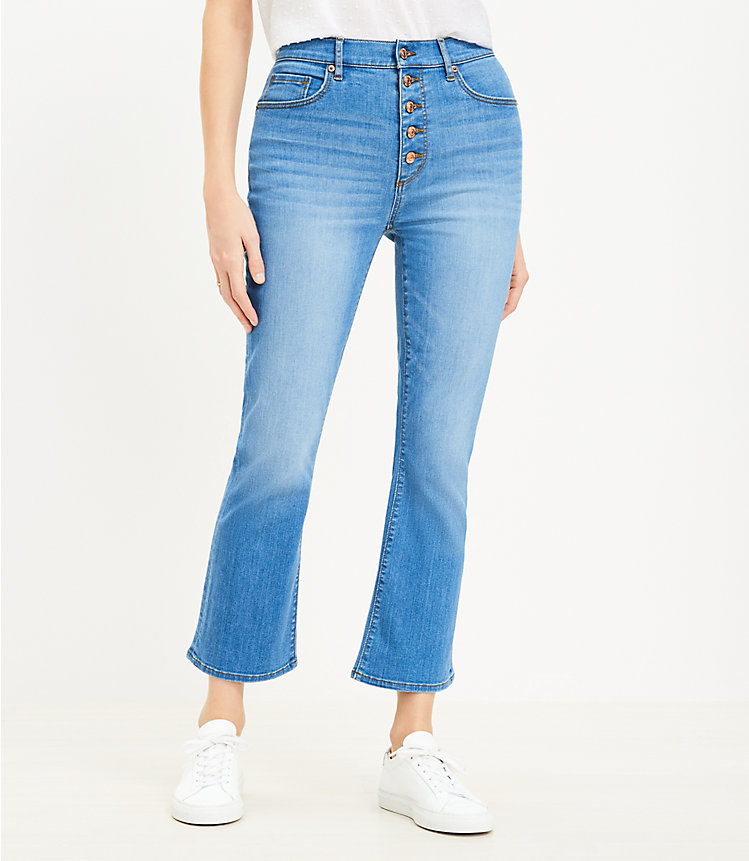 Curvy Button Front High Rise Kick Crop Jeans in Bright Mid Indigo Wash image number null