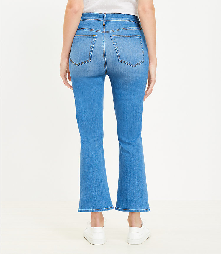 Curvy Button Front High Rise Kick Crop Jeans in Bright Mid Indigo Wash image number null