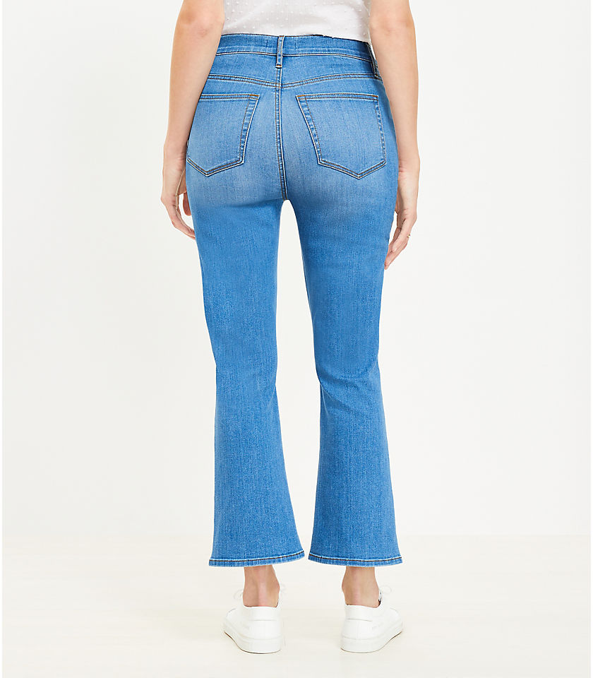 Tall Curvy Button Front High Rise Kick Crop Jeans in Bright Mid Indigo Wash
