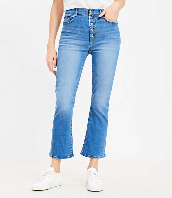 Petite Button Front High Rise Kick Crop Jeans in Bright Mid Indigo Wash