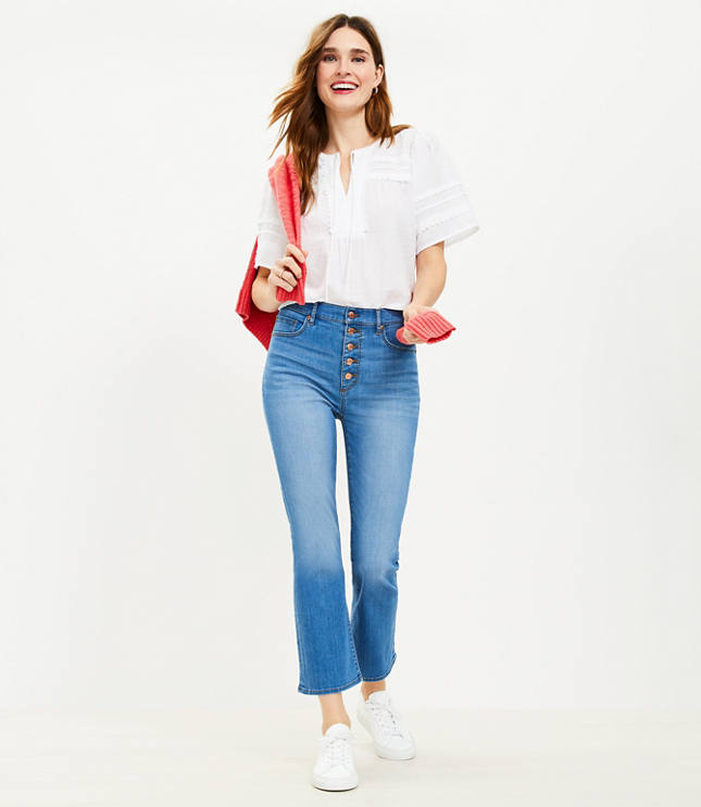 Petite Button Front High Rise Kick Crop Jeans in Bright Mid Indigo Wash