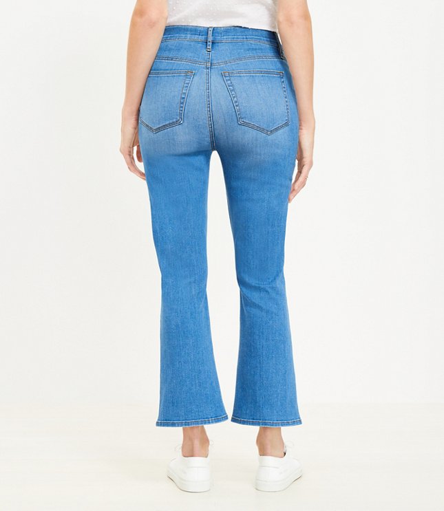 Petite Curvy Button Front High Rise Kick Crop Jeans in Bright Mid Indigo Wash