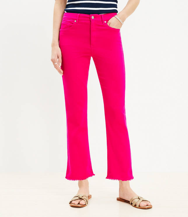 Frayed High Rise Kick Crop Jeans in Radiant Fuchsia