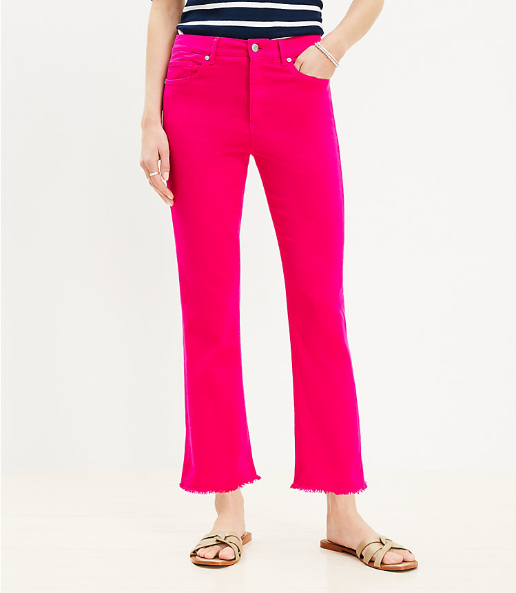 Frayed High Rise Kick Crop Jeans in Radiant Fuchsia image number 0