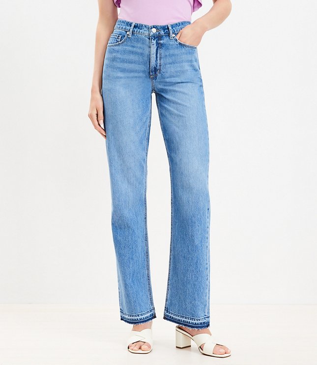 Let Down Hem High Rise Full Length Straight Jeans in Destructed Mid Stone Wash