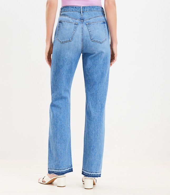 Let Down Hem High Rise Full Length Straight Jeans in Destructed Mid Stone Wash
