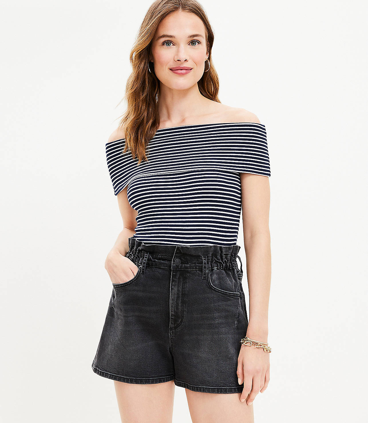High Rise Paperbag Pull On Denim Shorts in Washed Black Wash
