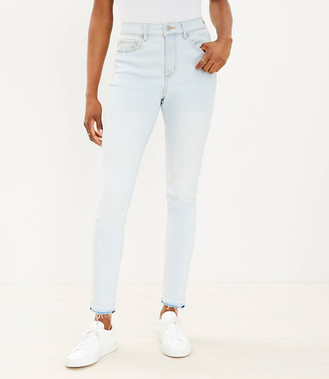 Curvy Side Slit Frayed High Rise Skinny Jeans in Indigo Wash