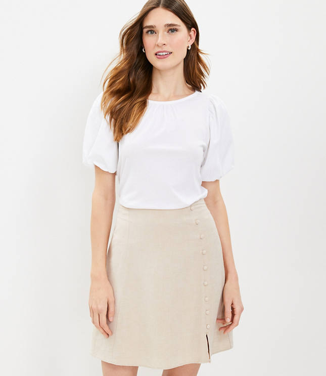 Dotted Button Trim Linen Blend Skirt