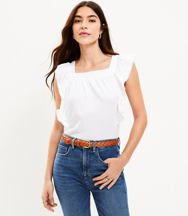 Petite Striped Pointelle Ruffle Henley Top