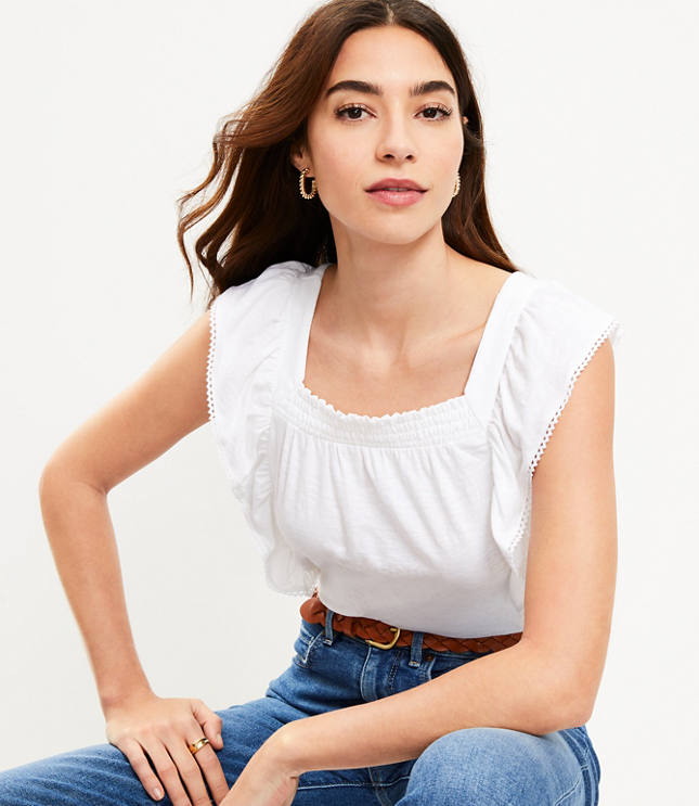 Petite Shimmer Striped Ruffle Square Neck Top - White