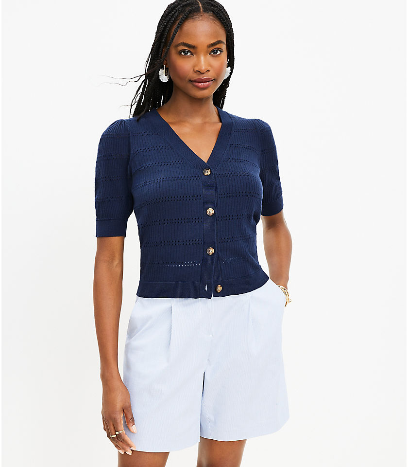 Pointelle Puff Sleeve V-Neck Cardigan Top