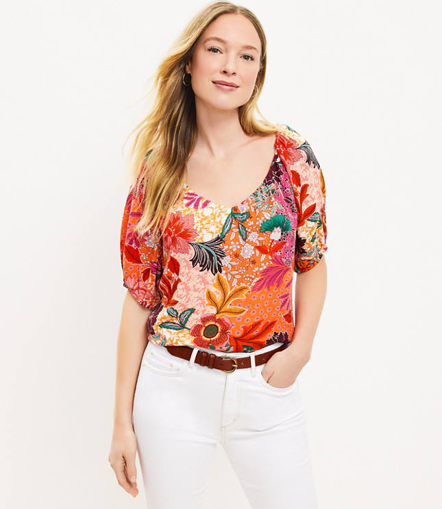 Patchwork Bloom Sweetheart Neck Blouse