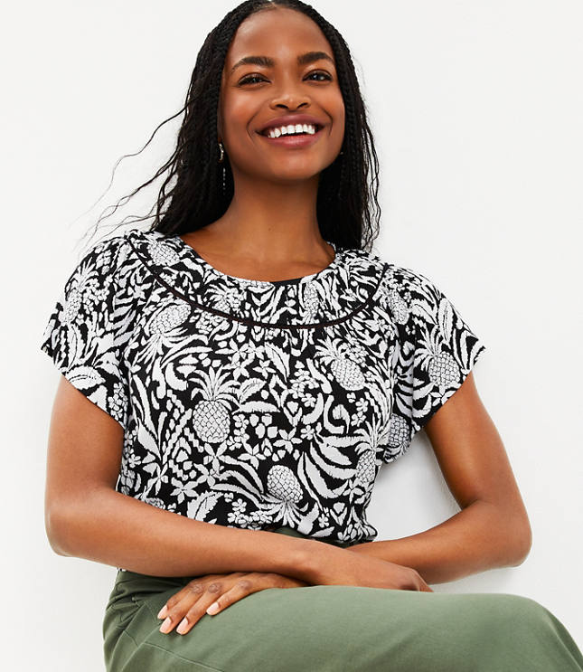 Pineapple Ruched Yoke Mixed Media Top