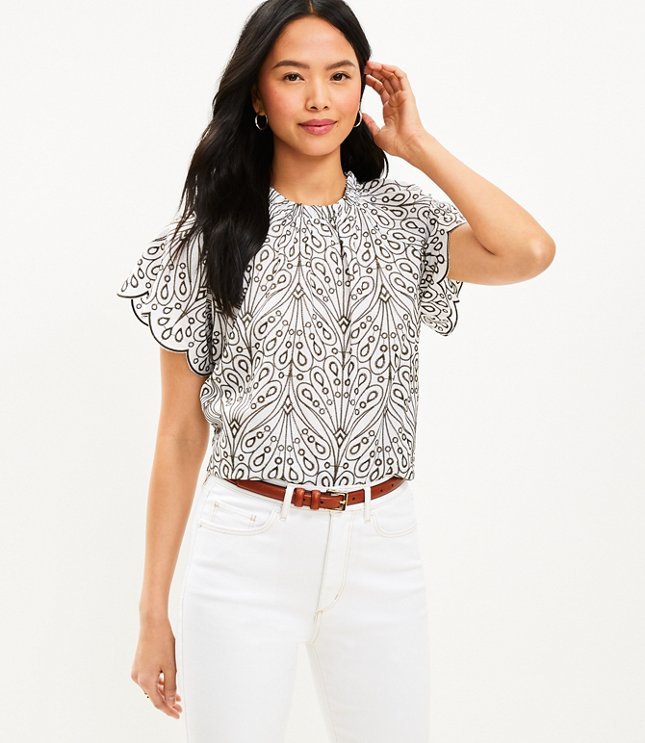 Embroidered Scalloped Flutter Blouse