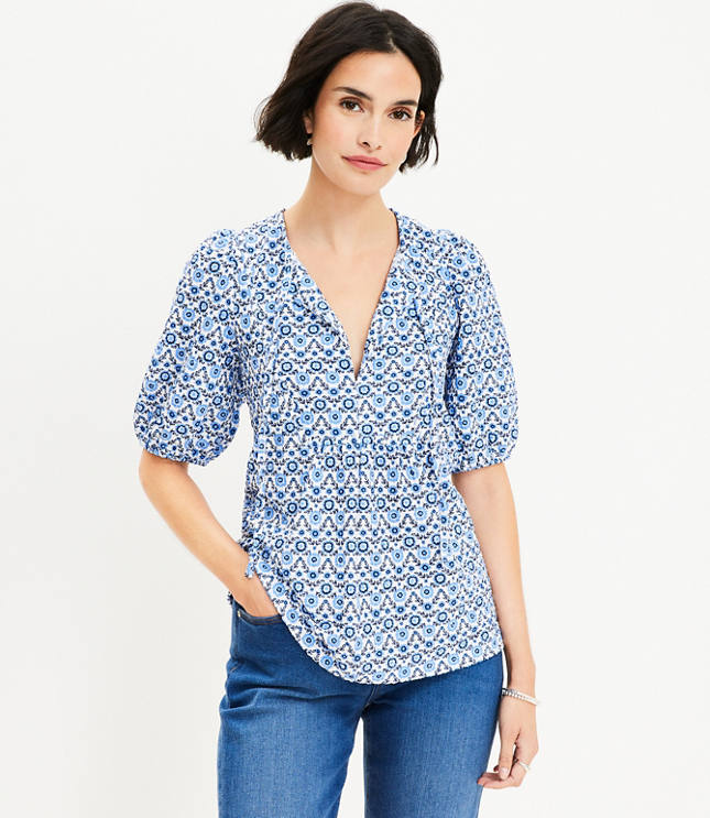 Floral Puff Sleeve Tie Neck Top