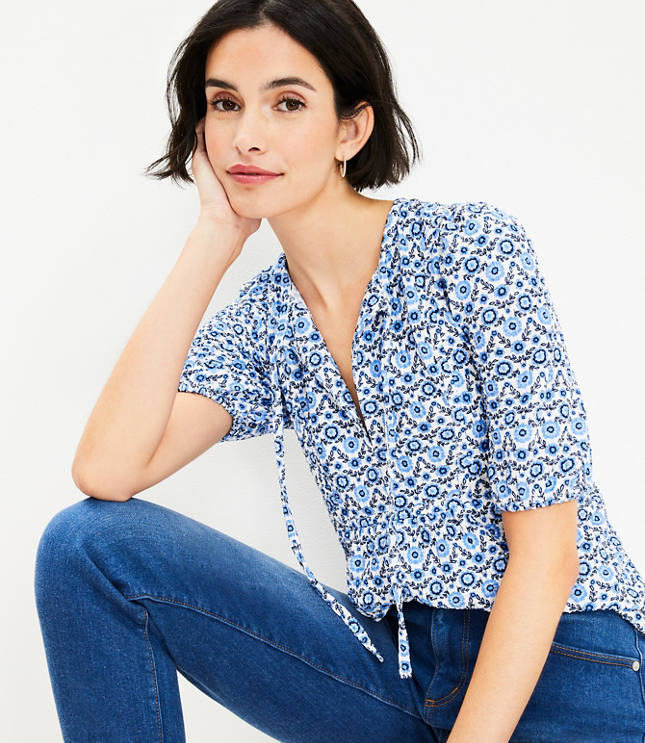 Floral Puff Sleeve Tie Neck Top