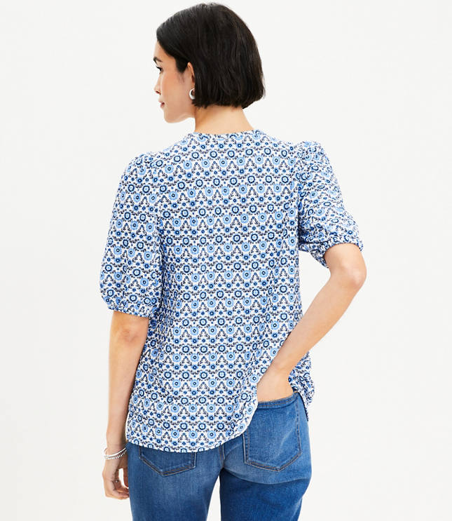 Floral Puff Sleeve Tie Neck Top