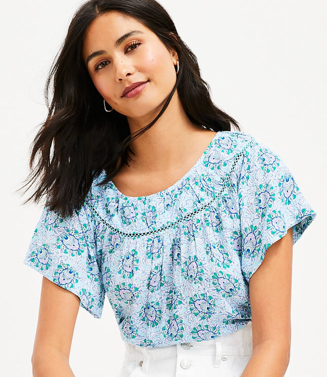 Bloom Cutout Yoke Flutter Sleeve Mixed Media Top