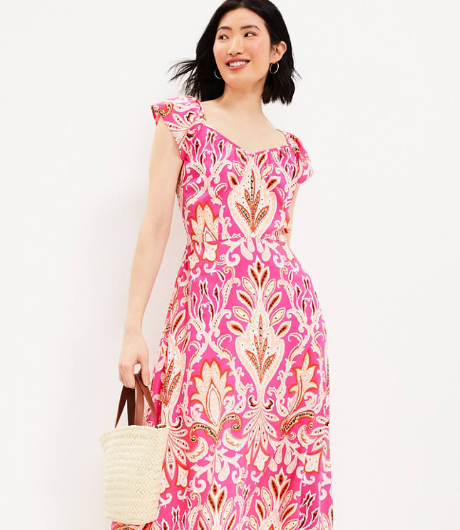 Paisley Flutter Sleeve V-Neck Midi Dress