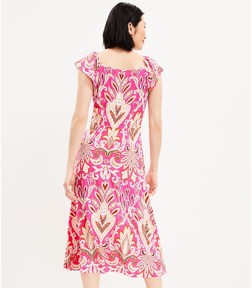 Paisley Flutter Sleeve V-Neck Midi Dress