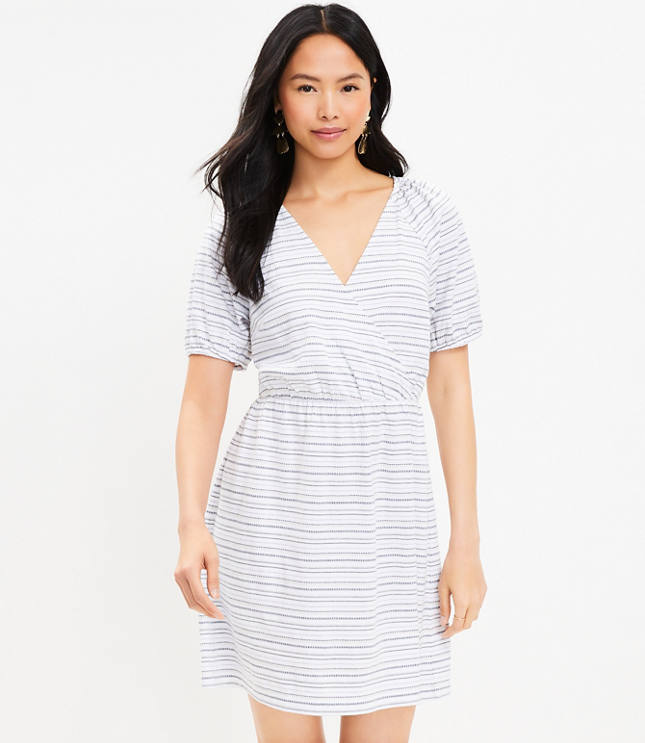 Striped Jacquard Puff Sleeve Dress - White