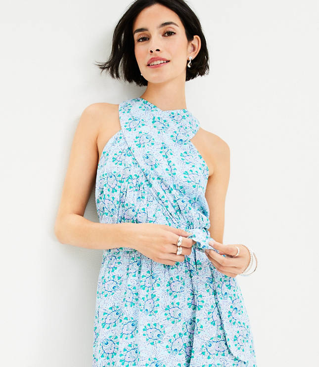 Embroidered Halter Swing Dress - White