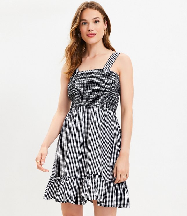 Gingham Smocked Strappy Flounce Dress