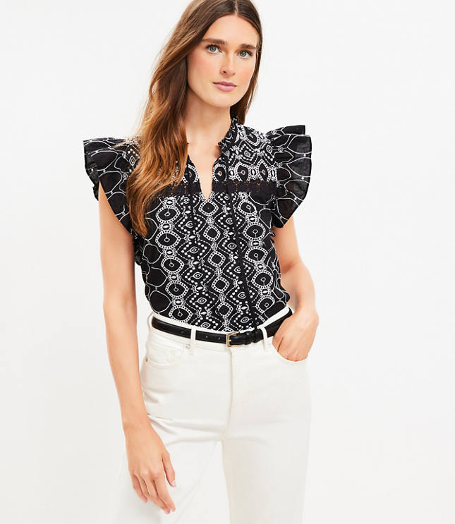 Embroidered Ruffle Tie Neck Top