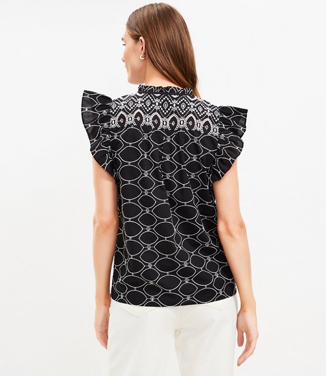 Embroidered Ruffle Tie Neck Top