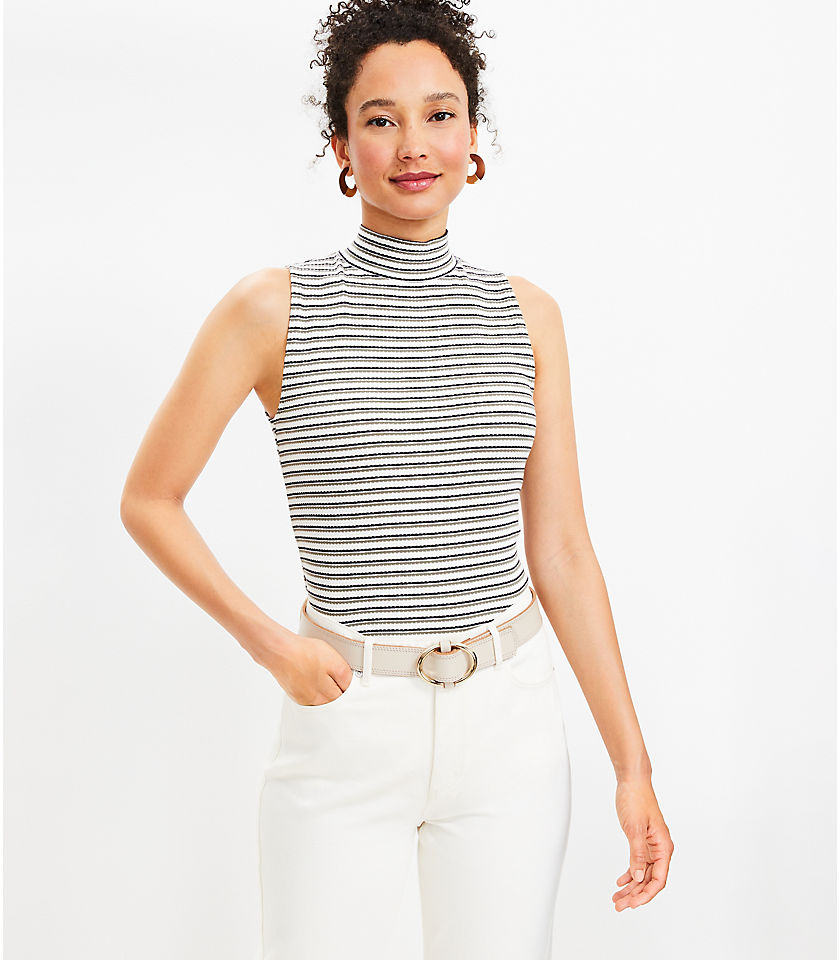 Striped Ribbed Mock Neck Shell