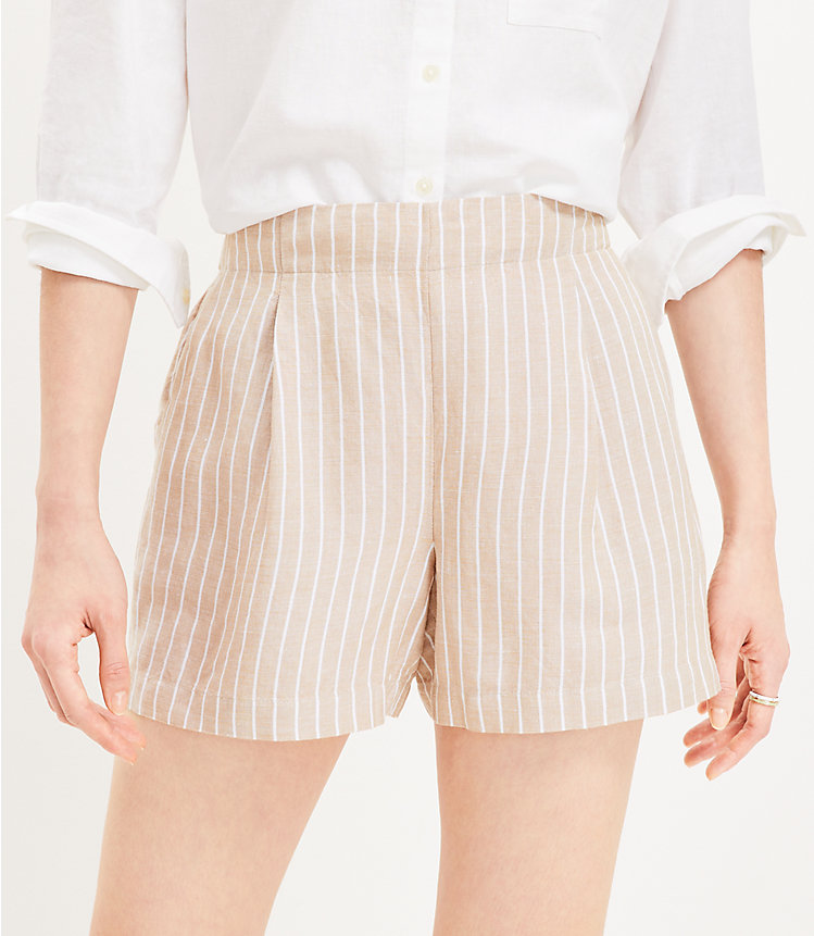 Pleated Pull On Shorts in Striped Linen Blend image number 1