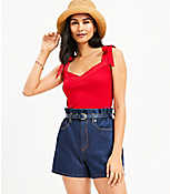 High Rise Paperbag Pull On Denim Shorts in Dark Rinse carousel Product Image 1