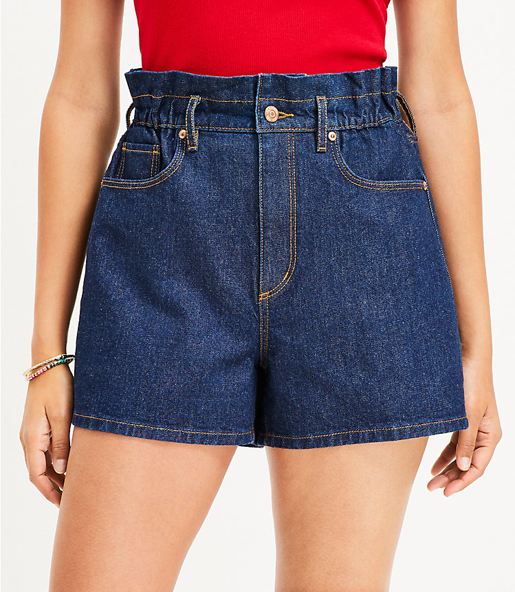 High Rise Paperbag Pull On Denim Shorts in Dark Rinse image number 1