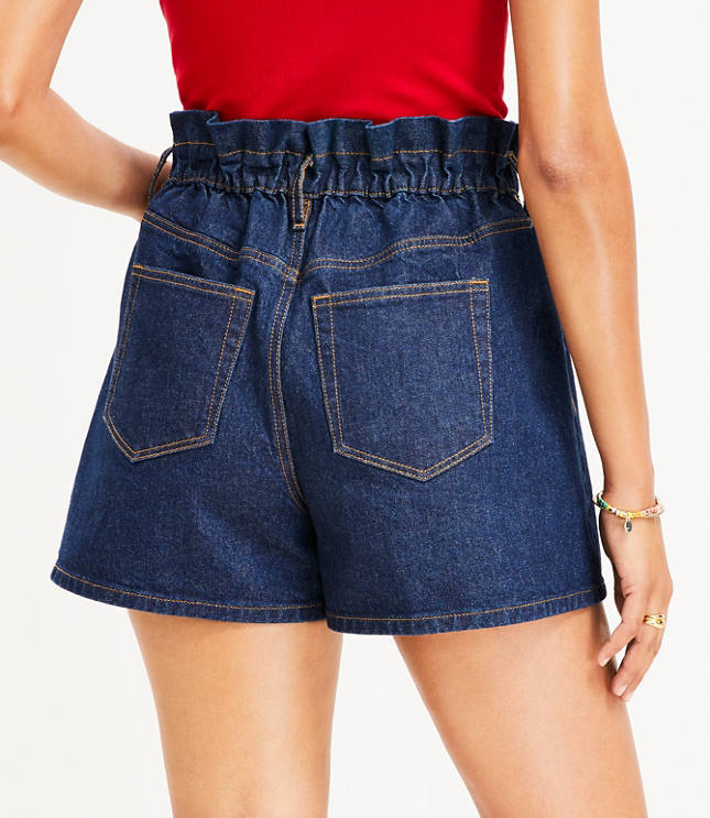 High Rise Paperbag Pull On Denim Shorts in Dark Rinse