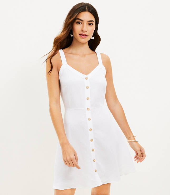 Linen Blend Strappy Button Flare Dress - White