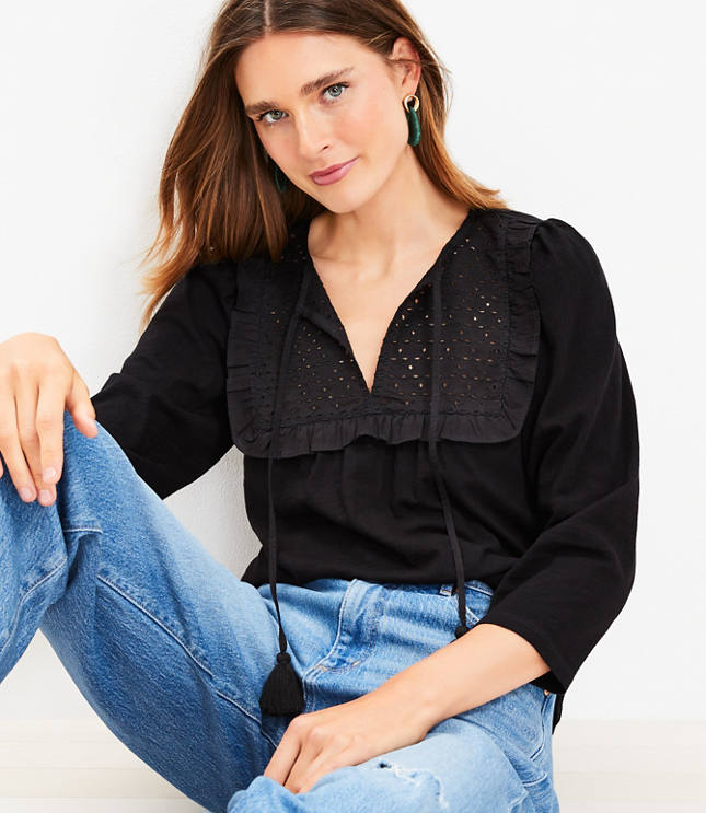 BiBi Round Neck Crochet Lace Sleeve Knit Top