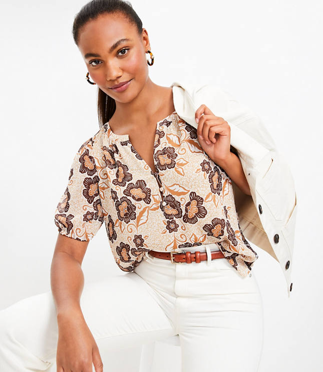 Cheetah Print Puff Sleeve Henley Blouse