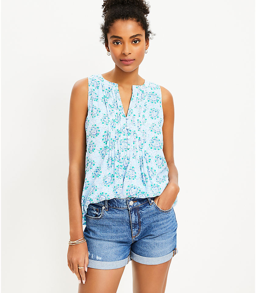 Floral Pintucked Button Split Neck Shell